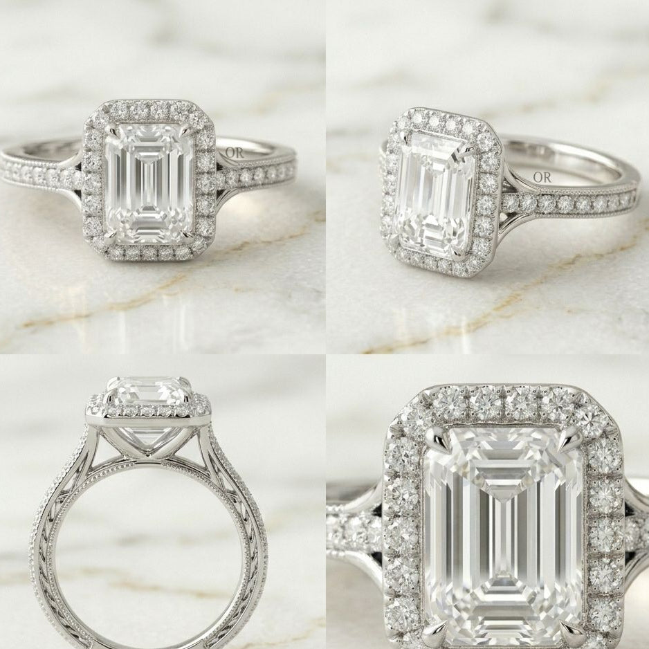 Anillo Halo Pavé Talla Esmeralda