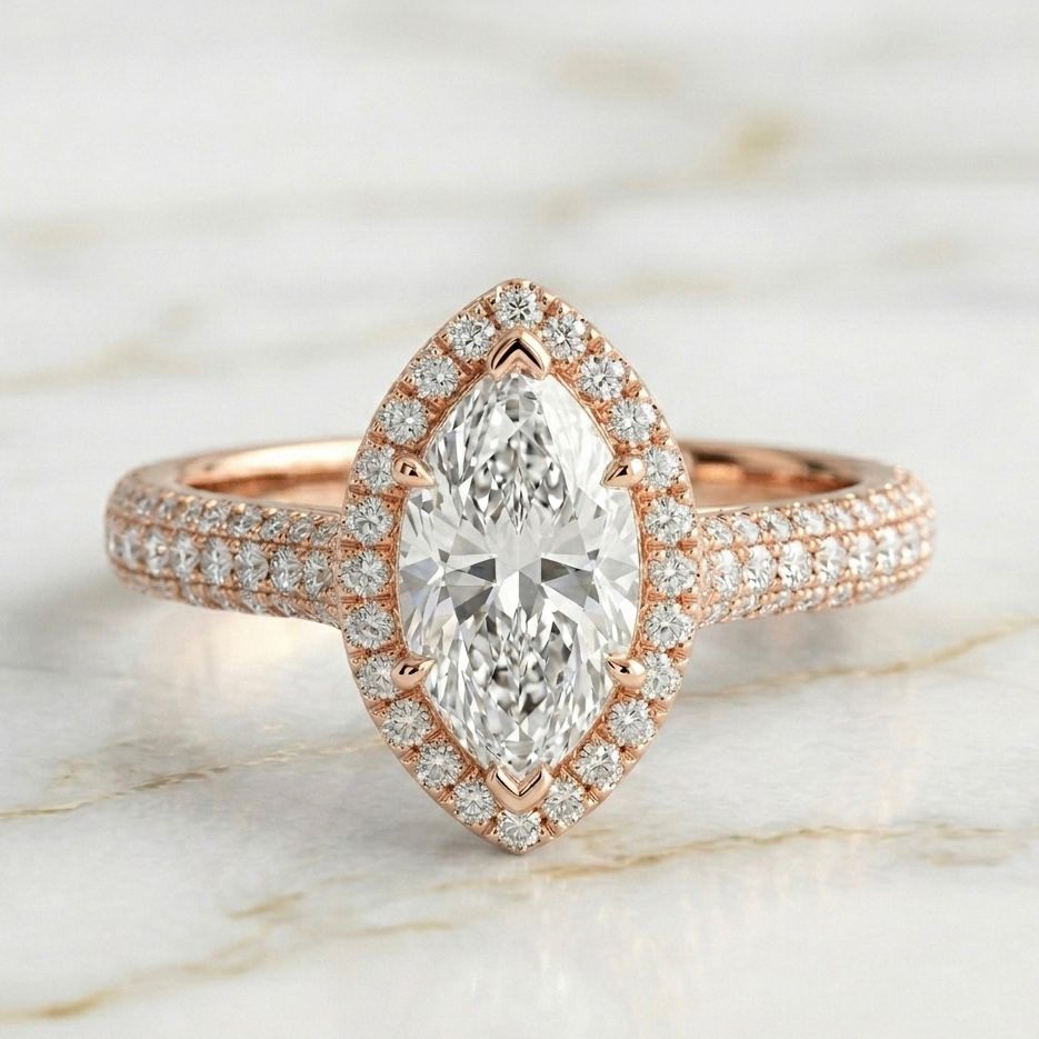 Anillo Halo Pavé Talla Marquise