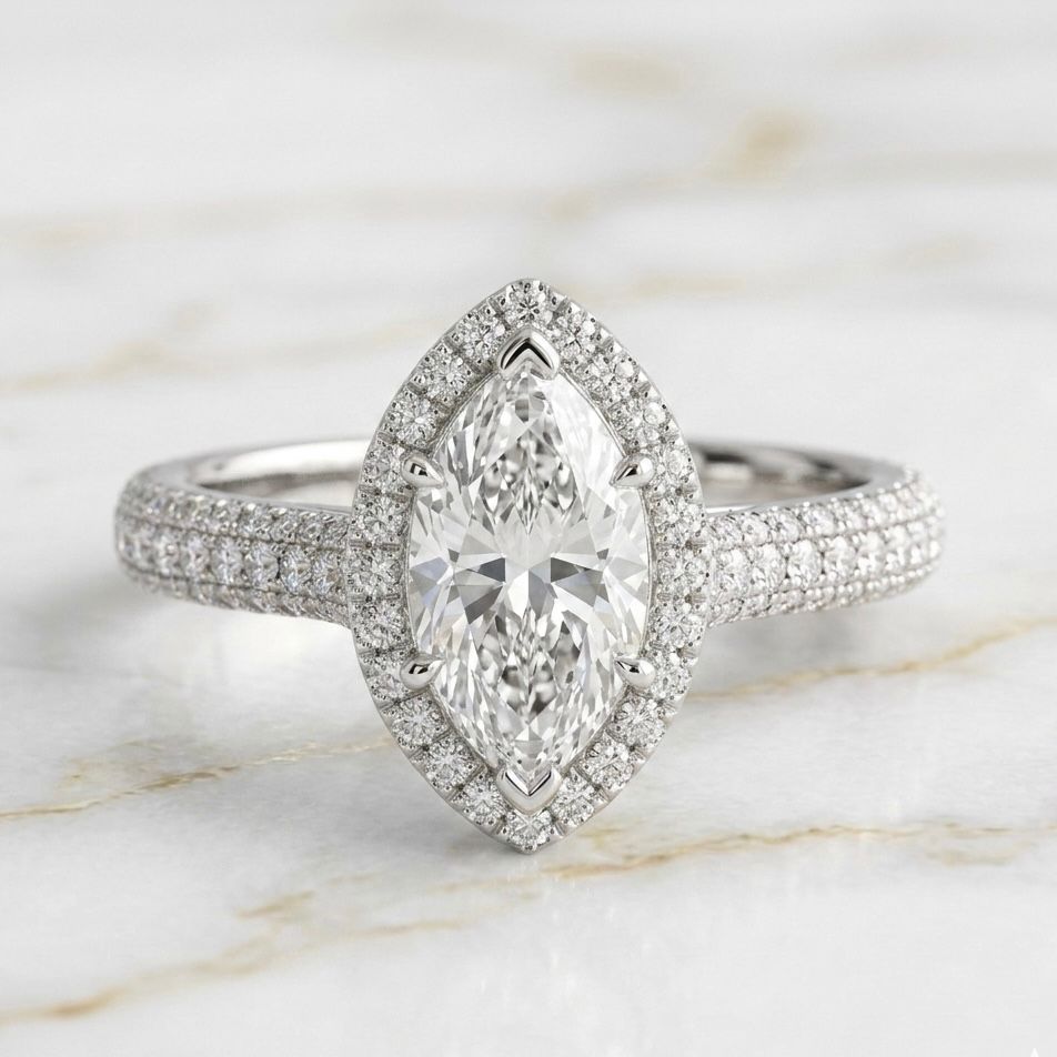 Anillo Halo Pavé Talla Marquise